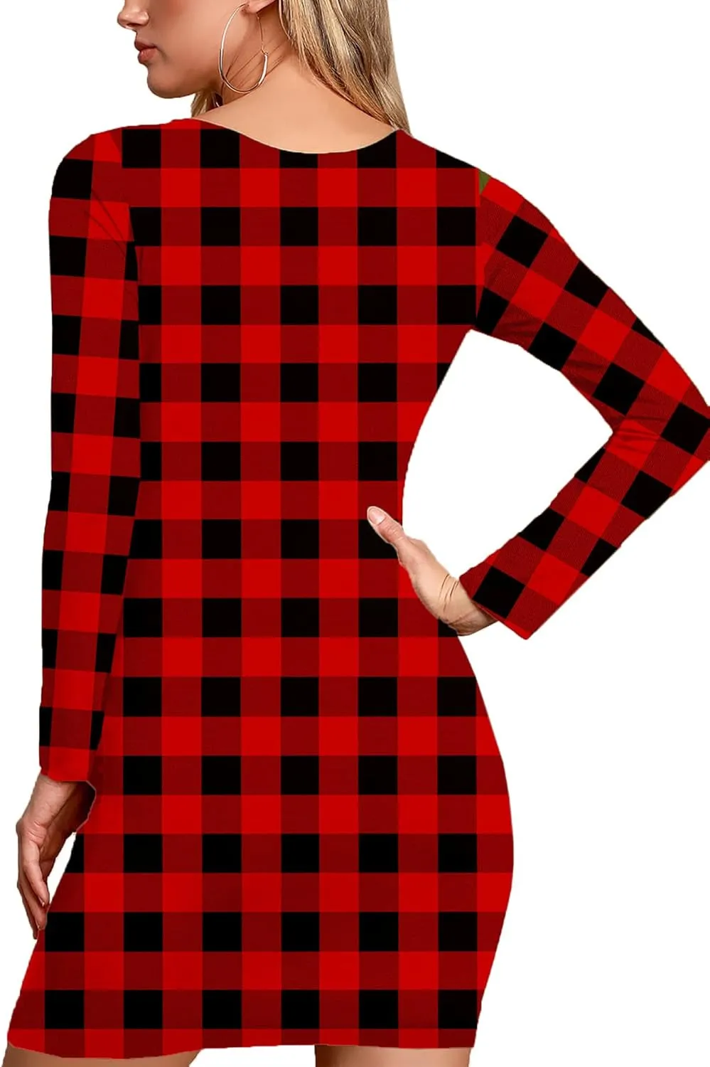 Women Christmas Red Plaid Dresses Winter Party Holiday Slim Fit Ugly Dress L