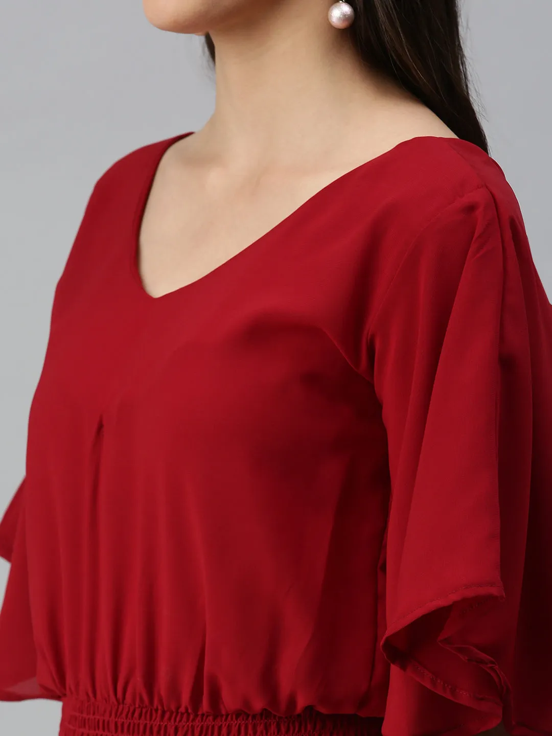 Women Maroon Solid Crop Cape Top