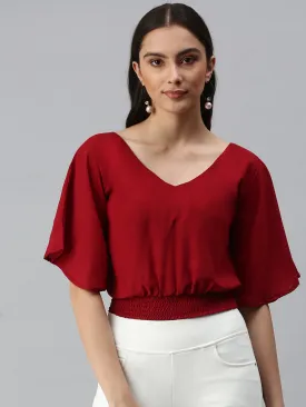 Women Maroon Solid Crop Cape Top