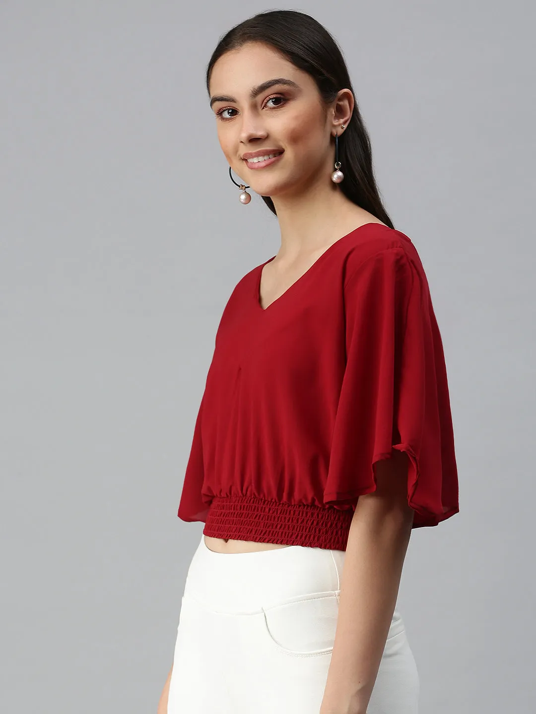 Women Maroon Solid Crop Cape Top