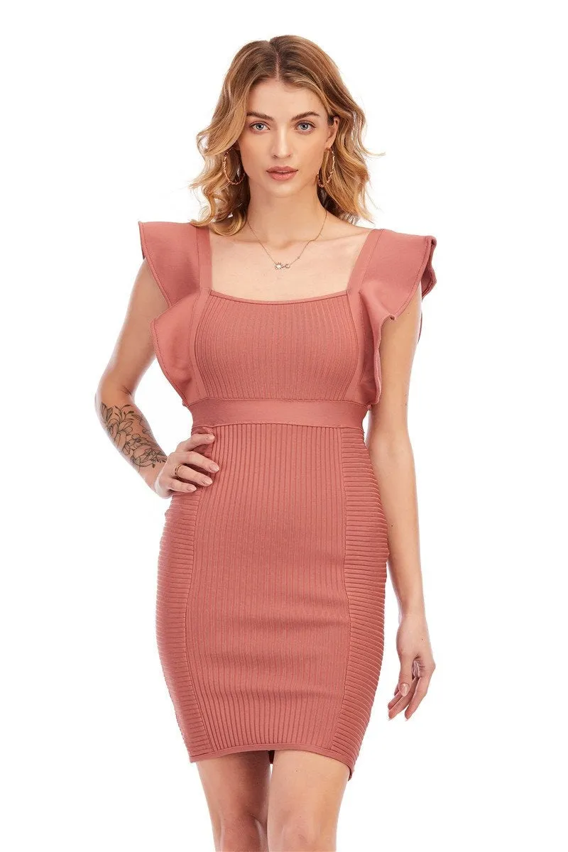 Womens Sexy Ruffle Sleeveless Backless Mini Bandage Dress Splice Lotus Leaf Edge Square Collar