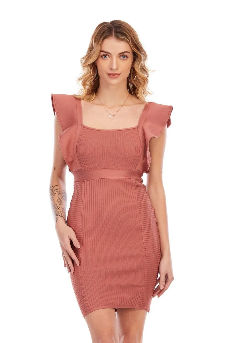 Womens Sexy Ruffle Sleeveless Backless Mini Bandage Dress Splice Lotus Leaf Edge Square Collar