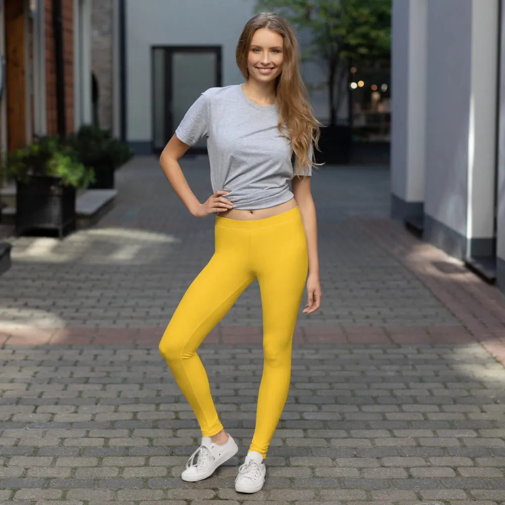 Yellow Solid Color Women's Leggings, Modern Solid Color Ladies' Tights-Made in USA/EU/MX