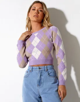 Zuki Jumper in Argyle Lilac Cream and Tan